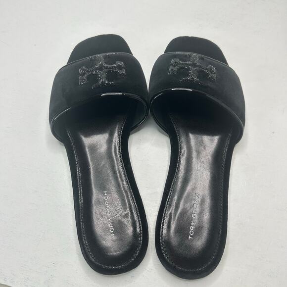 Tory Burch Eleanor Pave Slides Slip On Velvet Sandal Black Women's US 8 M NWOB - Picture 1 of 9